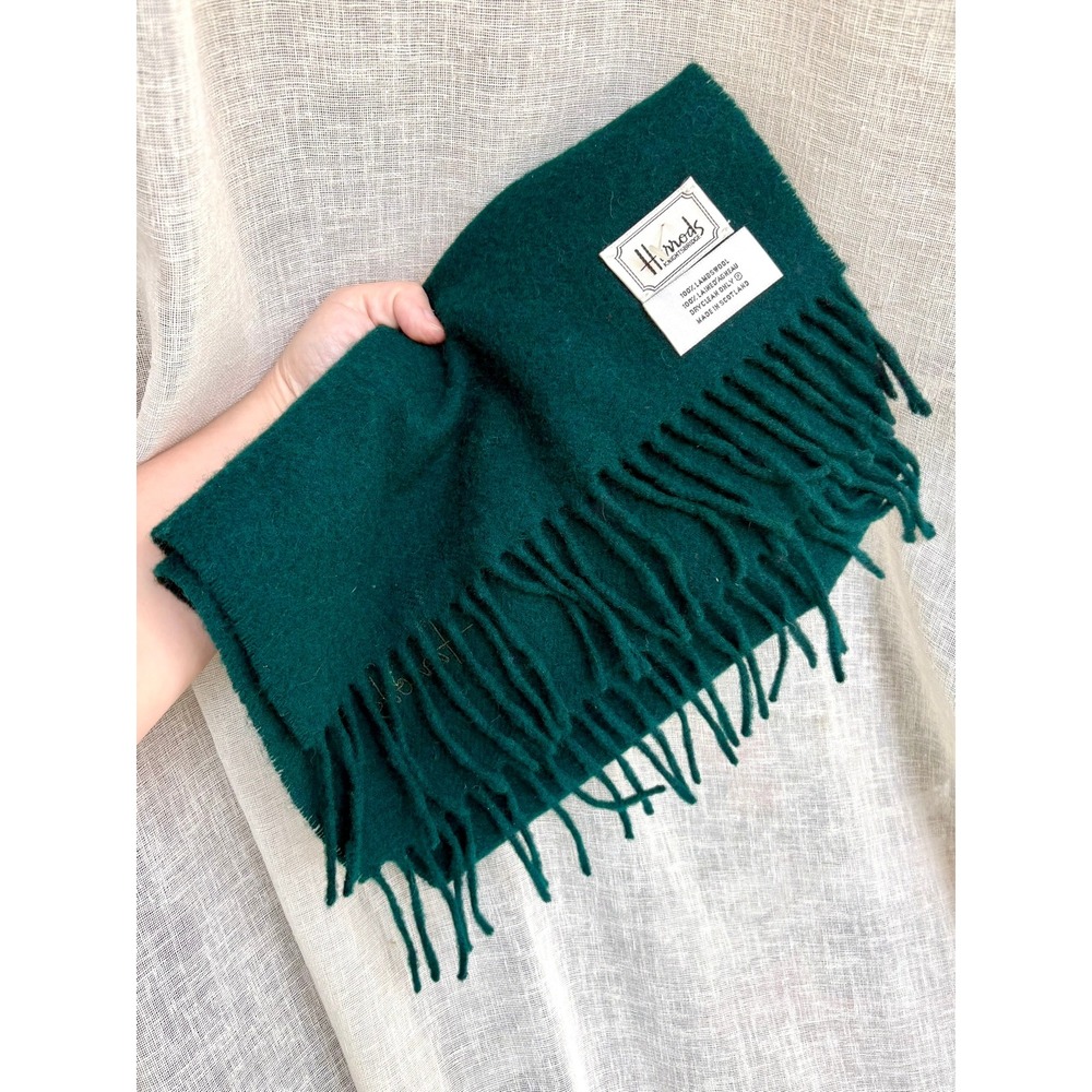 Vintage Harrods‎ Knightsbridge Green 100% Lambswool Scarf Scotland Fringed Logo